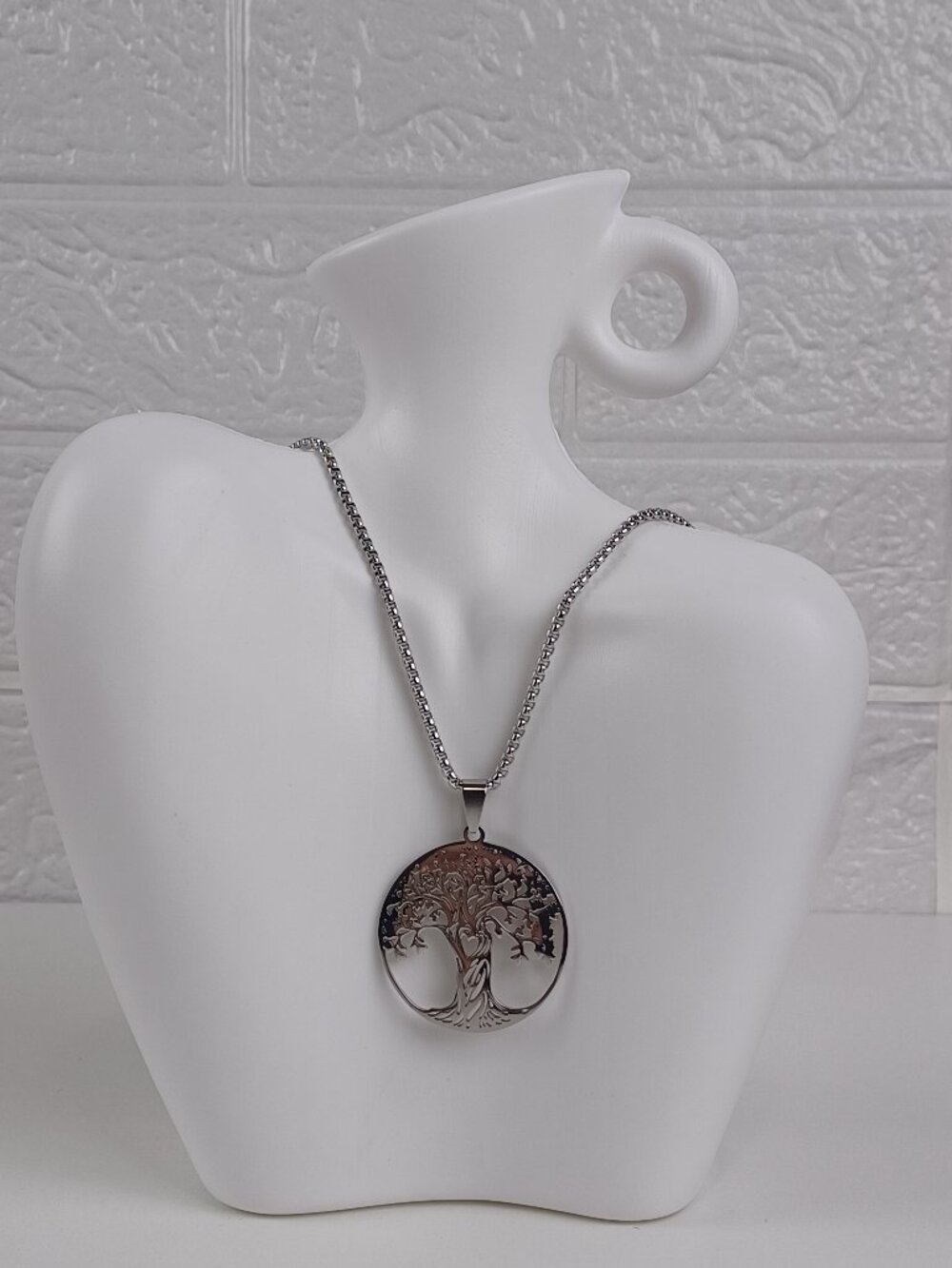 Stainless Steel Tree of Life Heart Pendant Necklace - 24" Box Chain (Silver)